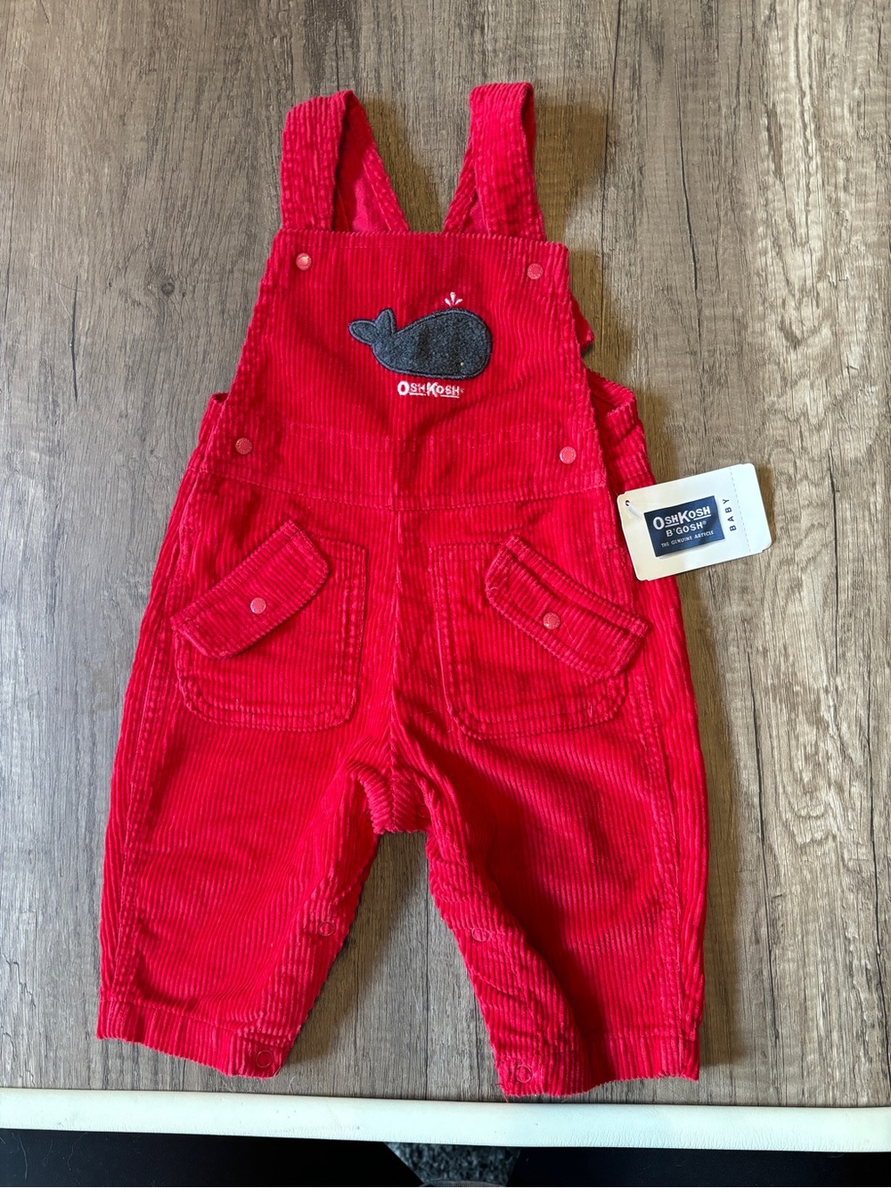 Vintage 2000s Y2K Oshkosh B’Gosh Red Corduroy Whale Overalls Vestbak Bibs 6-9M